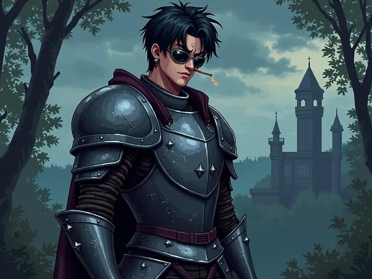 Pixel anime man in knights armor, in pixel style on a dark souls 8k theme background black hair s 4:3 against the background of forests and castles with a cigarette and sunglasses with piercings