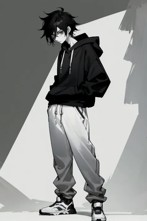    A teenager   , of the masculine gender, thin and tall and with messy black hair and with a completely white and gray skin tone ,    wearing a black hoodie and wearing gray pants and black and white sneakers and hes standing a little sideways on a black ...