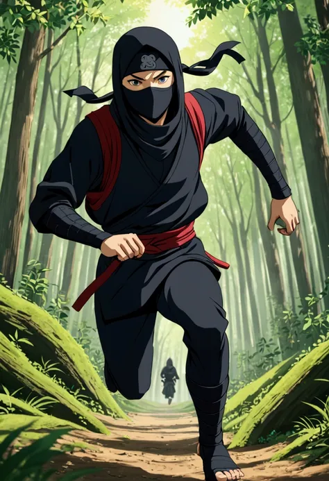 Ninja runs in forest,