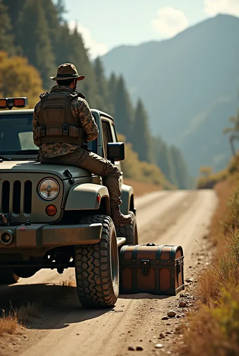 Create a photo of a hunter in full gear sitting on a jeep. A treasure chest has fallen off the loading area and is lying slightly behind the jeep. The hunter hasnt noticed it yet.