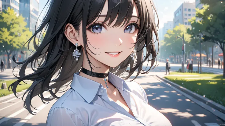 best quality, super_delicate, ultra detailed, beautiful, 8k , 1girl, black hair, business shirt, earrings, choker, outdoor, bright, looking at the viewer, smile.