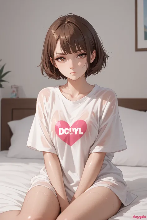 10-years-old-girl, Best Quality, Accurate, Short Hair, Brown Hair, Brown eyes, Doyagao, bored, oversized white shirt, pink heart logo in shirt, sitting in bed, wet shirt