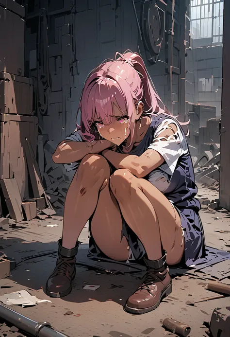 { - anatomy error} , ((Best Quality)), ((masterpiece)), (detailed), ((full body)),  dark skin, a woman, pink hair, ponytail, pink eyes, on her knees, hands behind her head, crying, prisoner, hostage, scratches, clothes somewhat torn, the background is a wa...