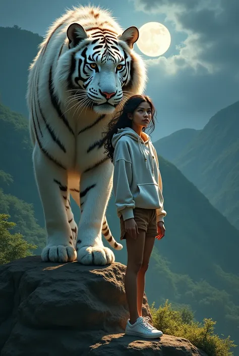 a beautiful woman  Indonesian girl wearing a hoodie standing on a rock facing the camera, behind him is a fierce white tiger with golden scales , showing very detailed feathers. With the backdrop of lush green mountains, the nighttime atmosphere symbolizes...