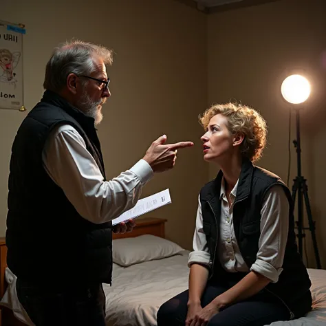 um diretor de 30 years,  in a studio recording ,  wears a black vest , full of pockets .  He directs a scene between a couple of lovers ,  marking the scene .  The director holds an A4 sheet in one of her hands .  The setting is a small double bedroom in a...