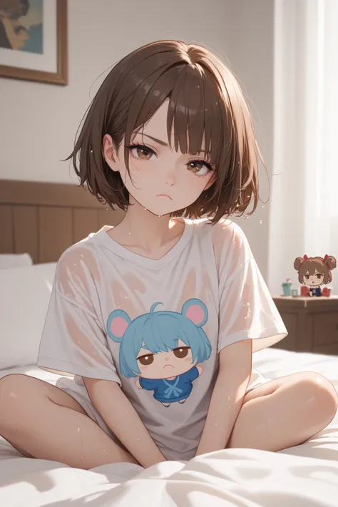 Chibi girl, Best Quality, Accurate, Short Hair, Brown Hair, Brown eyes, Doyagao, bored, oversized white shirt, sitting in bed, wet shirt