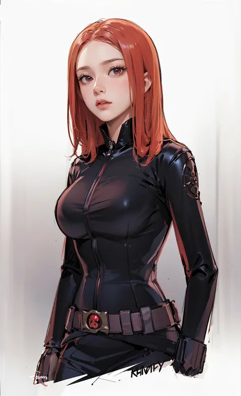 A digitally illustrated image shows a shoulder-length red-haired girl wearing a sleek skin-tight shiny black latex bodysuit with a deep-cut zipper neckline revealing a large chest, the silver zipper running down the front. The suit is complemented by her g...