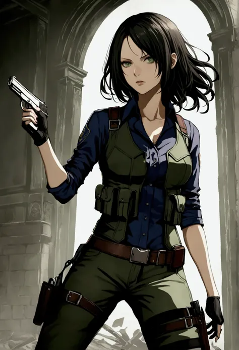 Resident Evil 6,  female user , dark places,  a slender girl , gun in hand,  light porcelain skin , piercing eyes,  long lashes, North American, black clothes, dark vest , buckles,  wavy hair at shoulder height, combat knife ,  full mouth and small ,  ligh...