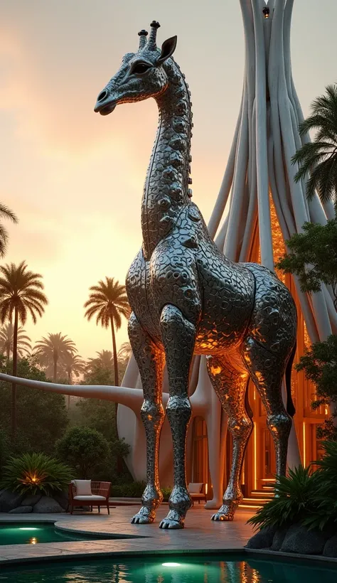 "A futuristic mansion with architecture inspired by an ornate giraffe design, featuring intricate metallic patterns that mimic the graceful neck and unique patchwork patterns of a giraffe. The structures tall and slender elements reflect the elegance and t...