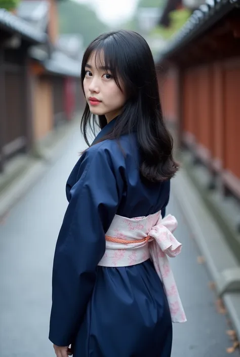 28-year-old Japanese woman、Navy blue kimono、The whole body is shown、The eyes are double、Not facing the front、 Japan、Kyoto temple road、Being photographed、medium-long black hair、Her back is being photographed.