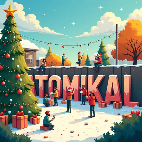 A cheerful outdoor Christmas scene on a sunny yard where cartoon-style characters decorate a large ATOMIKAL logo with festive ornaments. A Christmas tree stands in the corner, while others enjoy holiday activities like chatting, taking photos, and sharing ...