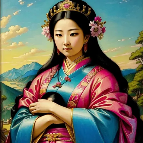  drawing of a woman holding a  in her arms, xiao xiao,  , mother,  queen of the heavenly , beautiful art, Painting of the beautiful , beautiful representation, Portrait of the Virgem Xiao,  Religious Art Xintoista , Pink countries, sacred and beautiful, wi...