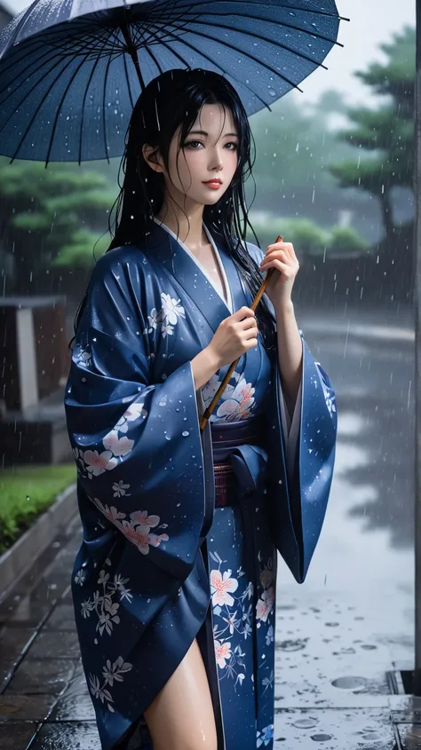 Long black hair that is wet, large and dewy eyes, a blue kimono made of thin fabric that is wet, a dimly lit background, a scene with rain falling, raindrops falling to the ground, puddles forming on the ground, a hazy mist surrounding the area, a pose as ...