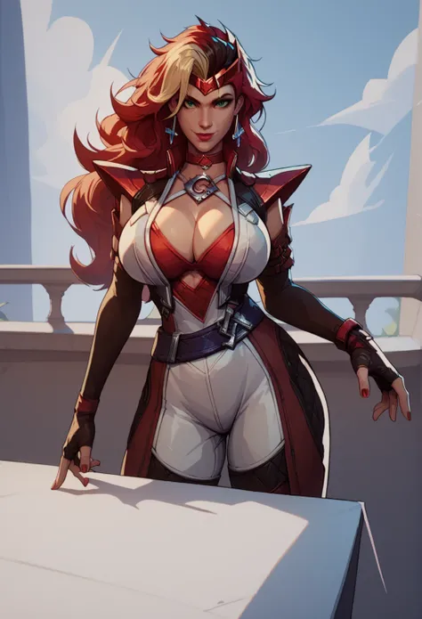 score_9, score_8_up, score_7_up, ScaMarvals, slight smile, green eyes, red nails, (huge breasts:1.2), cleavage, standing, (straight on:1.2), cowboy shot, facing forward, 1girl, solo, long hair, green eyes,looking at viewer, standing, red hair, brown hair, ...