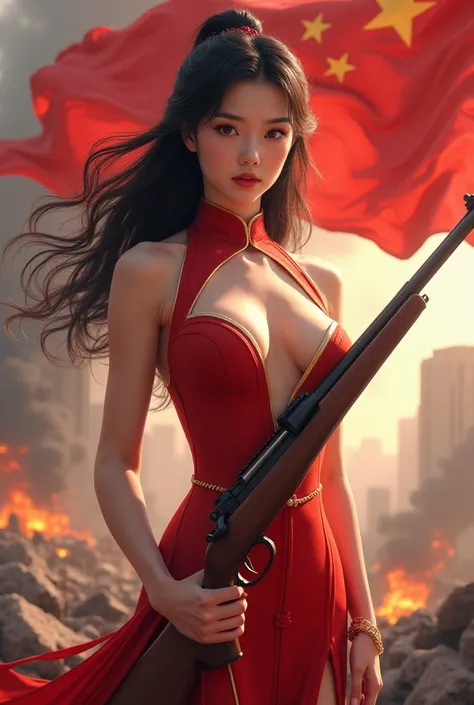 Female chinese military general, age 20s, youthful, wearing sexy revealing red qipao with details, holding rifle gun at user, sweet intimatiding smiling face, long hair, city ruins and fire background, china flag waving in the background, victorious, conqu...