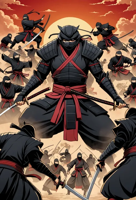 Lots of ninjas and samurais and shaolins,fight a monster