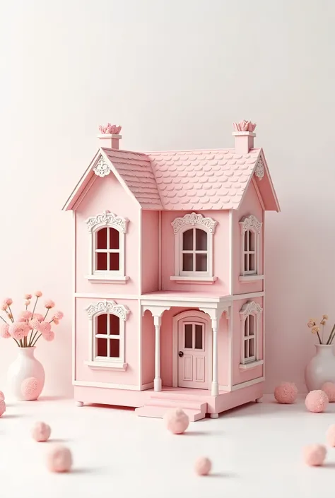 Pastel pink vintage dollhouse, white background,art digital