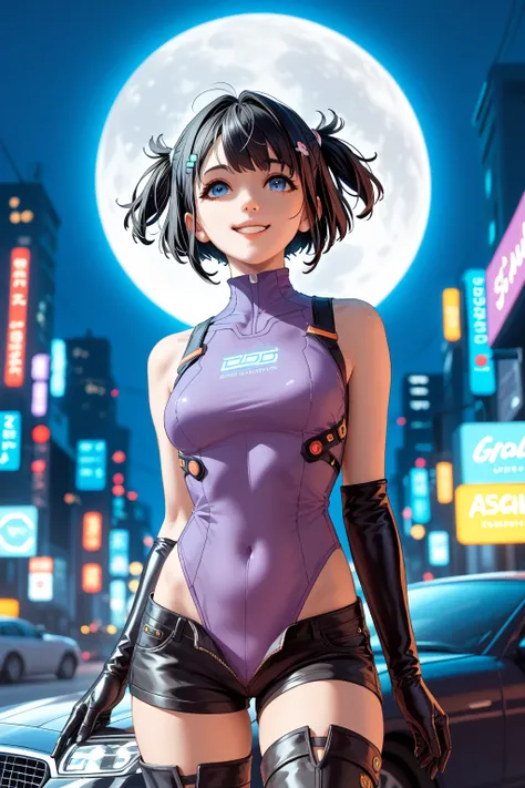 Full Moon Night  、   looking up  、 A woman looks up at the sky  。The city is lined with skyscrapers  、Neon signs glow、  The night scene reflects colorful light  。    Theres a huge holographic ad and a floating car in the background  、 The whole city is vib...