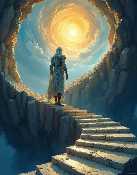 In this stunningly detailed UHD illustration, an expressionist protagonist of hope stands resolutely on the spiraling stairs of fate. His form is abstract, almost sculptural, with a surface alive with complex structures and textures symbolizing his inner s...