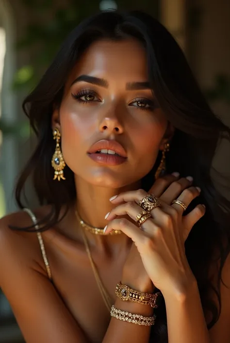 a beautiful young latina woman, beautiful detailed eyes, beautiful detailed lips, extremely detailed face, long eyelashes, ornate golden jewelry, rings, necklace, earrings, flawless skin, glamorous makeup, high fashion, elegant expression, cinematic lighti...