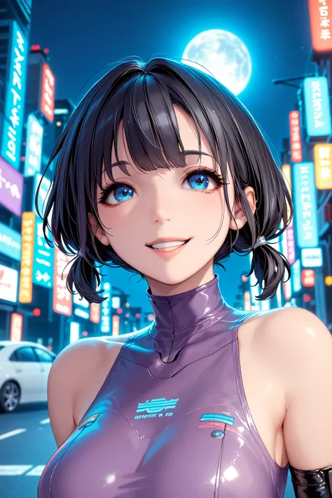 Full Moon Night  、   looking up  、 A woman looks up at the sky  。The city is lined with skyscrapers  、Neon signs glow、  The night scene reflects colorful light  。    Theres a huge holographic ad and a floating car in the background  、 The whole city is vib...