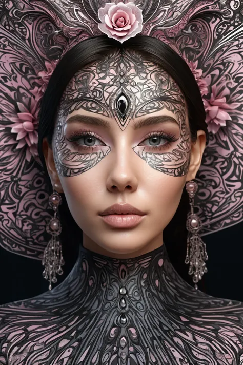 a woman with a rosa claro e preto pattern on her face, stunning digital art, complicated digital art, 3 d digital art, 3d digital art, complicated digital artwork, Advanced 3D digital art, amazing detailed digital art, digital complicated art, Detailed 3D ...