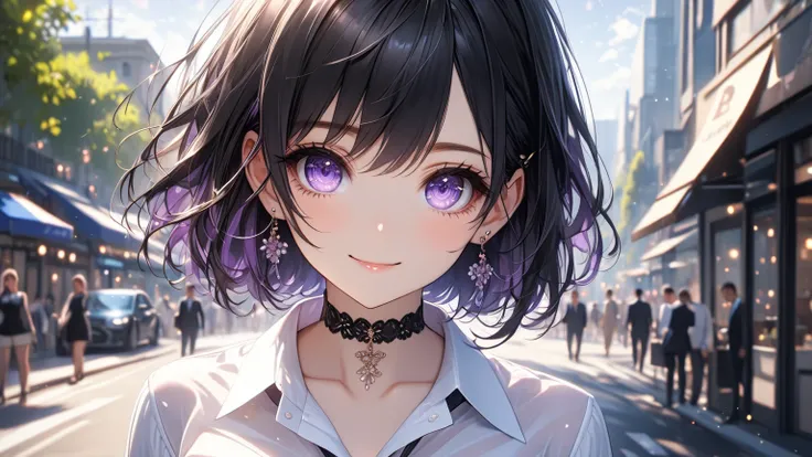 best quality, super_delicate, ultra detailed, beautiful, 8k , 1girl, black hair, business shirt, earrings, choker, outdoor, bright, looking at the viewer, smile, violet eyes, white short hair,show chest