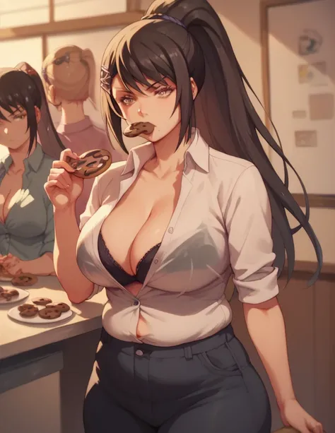 
sae chabashira, long hair, black hair, hair ornament, large breast, brown eyes, ponytail, hairclip,shirt, cleavage, chubby stomach, wide hips, thicc thighs, eating cookies,hungry,shirt unbuttoned,black bra,