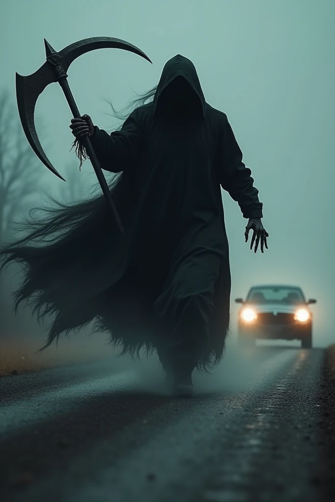 Back view of a reaper with his sickle chasing black car at high speed