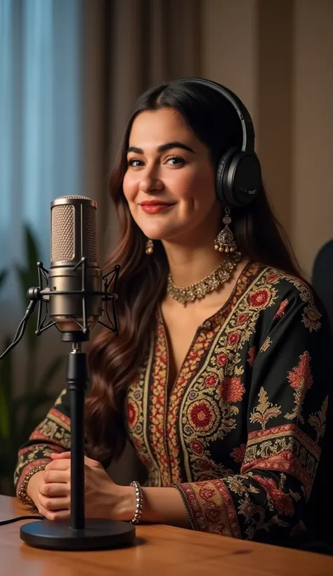 A beautiful podcasting girl, Comunicates with latest new design (1 piece) microphone on the sides like Podcast, wearing Pakistani traditional dressing, studio type office in background, 