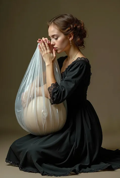 Limage réaliste et les détails sont exquis et très précis. Une belle jeune fille gitane vêtue dune robe noire en dentelle  assise à genoux, complètement enfermée dans un sac en plastique  blanc transparent, ces mains sont  sur les joues ,  essayant den sor...