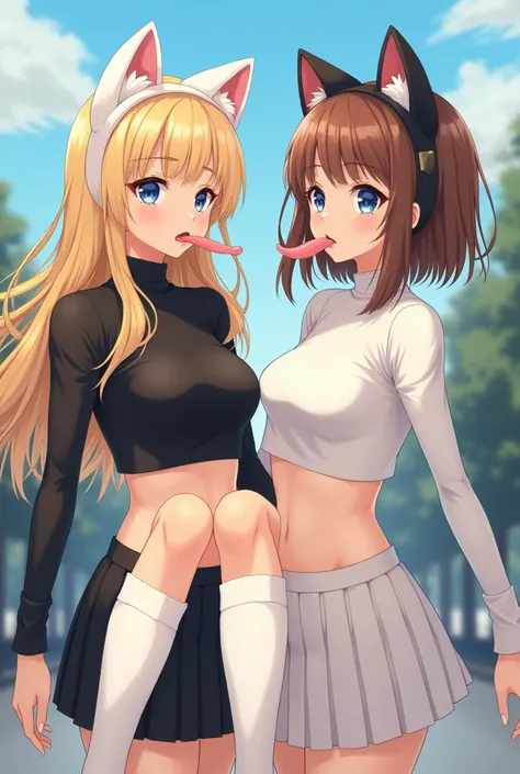 Girl who is  and has long blonde eyes and blue eyes.  She is wearing a black long-sleeved tight crop top and a short black skirt.  She has white ears warmer with cat ears on.  She is skating right now and still has long white socks under her shoes . You ca...