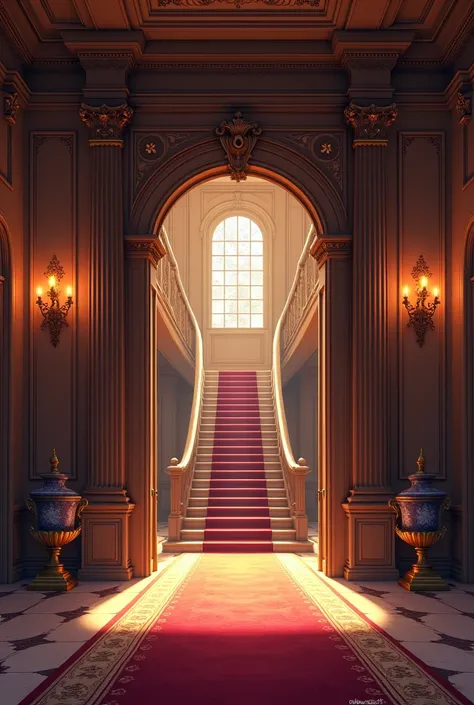 Realistic illustration of the interior entrance in an impressive mansion with red and dark tones