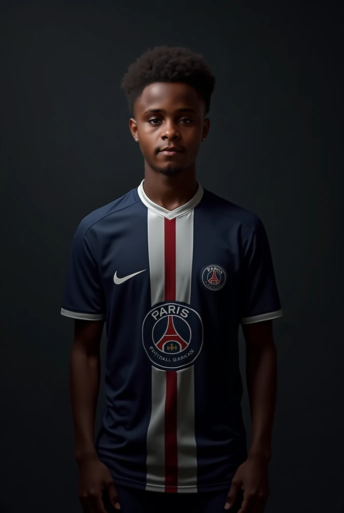 Young,  fair skin ,18 years old, Of blue equipment from Paris Saint German FC,  medium height , normal guy , Natural black hair of African origin,  dark background.