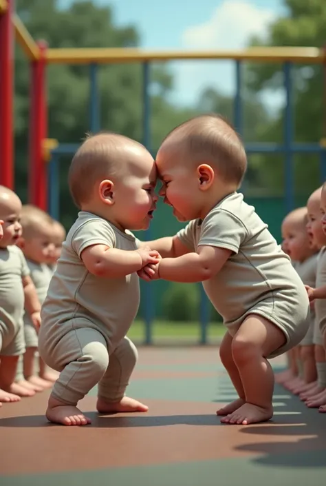 Two babies wearing baby clothes、
At the elementary school playground
Stand up
They are struggling 、Theyre staring at each other 、 and pressing each other 。
 and the other babies are watching in a row in front of the camera without moving。detailed expressio...