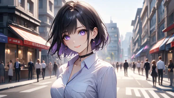 best quality, super_delicate, ultra detailed, beautiful, 8k , 1girl, black hair, business shirt, earrings, choker, outdoor, bright, looking at the viewer, smile, violet eyes, white short hair,full torso,