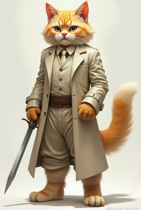 Cat man , similar to the Persian cat breed,  blond hair,  long fluffy tail ,  light suit ,  holds a sword in his hands