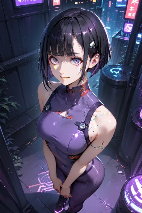    Upper body seen from above  　  bust close-up　1 person　     girl　　18 years old　            Black Hair Short Bob Cut  　 　smile　   purple high neck swimsuit tights　 High cut shoes     　      Cyberpunk Night View         