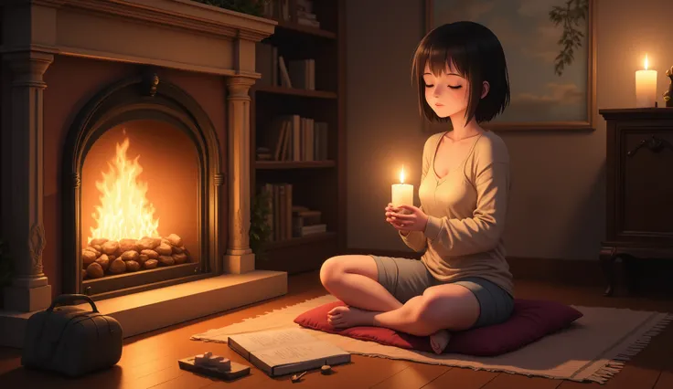 anime style: beautiful woman
sitting cross-legged on a floor cushion by a fireplace, eyes closed, holding a lit candle. They are dressed in cozy, neutral-toned clothing. A few personal items, like a small photo album and a handwritten letter, are placed ne...