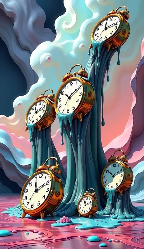 Melting or distorted clocks on an abstract background (surrealist style).