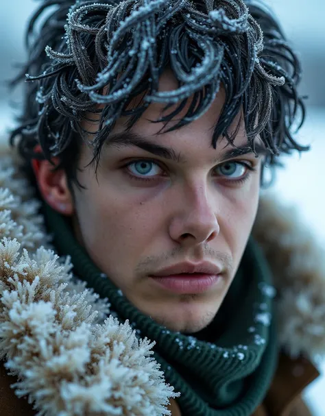 
"A close-up of the face of a young British male, 27, with green eyes, a snub nose and frozen dirty black hair of medium length with grey streaks, combed behind the ear. The face is covered with frost and ice crystals, the skin is reddish in color from the...