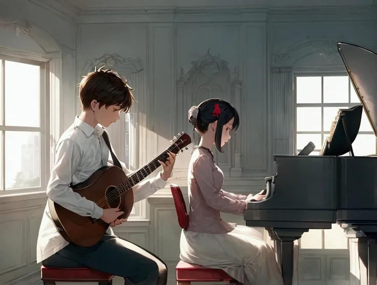 The girl and the boy are in a bright music room, with a bright window behind them. A girl sits at the piano and plays it, and a young man plays the guitar and sings. The picture should convey the atmosphere of love.