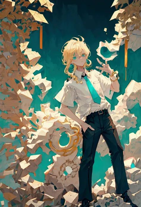 boy, blond, medium length hair, wearing a short-sleeved white shirt tucked into black pants, Without a tie, the collar is unfastened, turquoise eyes, small ring earrings, stands straight, UHD, retina, masterpiece, accurate, anatomically correct, high quali...