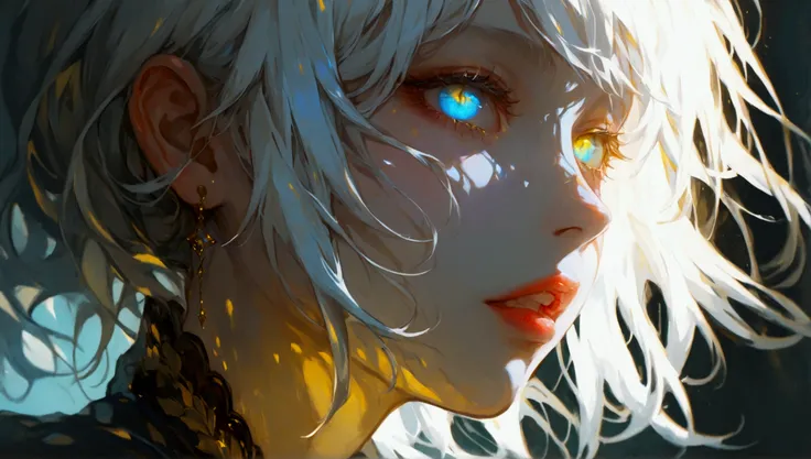 dark,caustics,colorful,748cmstyle, gorgeous light and shadow,full body, The girls pale skin,her lips are slightly open to reveal her teeth,and her (blue and yellow eyes) eyes are blur and dreamy. mottled light and shadow,portrait,white hair,side face,