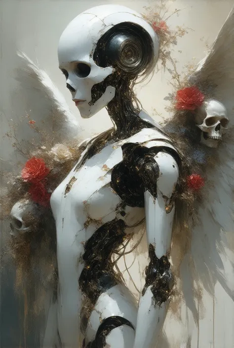 Beautiful robot with dead flowers and skulls, angel feather, by Charlie Bowater, by WLOP, by Artgerm, by Legend of the cryptids, Digital Art, Glitter vibrant, 5D, HD, Polished, Wires, Bone, insanely detailed and intricate, hypermaximalist, elegant, ornate,...