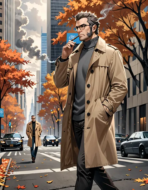 masterpiece, best quality, high resolution, highly detailed, 1male, middle-aged adult male, grey sideburns, dark grey turtleneck sweater, beige trenchcoat, glasses, hand in pocket, smoking, cigar, walking, looking away, noir atmosphere, somber atmosphere, ...