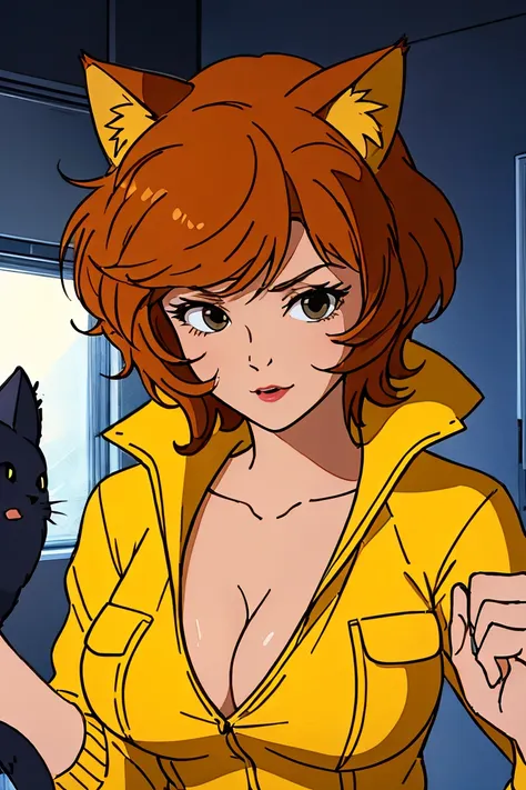 april oneil being transformed into a female cat, 1980s (style), 1girl, brown hair, orange hair, retro artstyle, short hair, (transformation:1.2), (cat ears, cat tail, cat paws, cat whiskers, cat fur, feminine body, (human face pushing outward into a cat no...