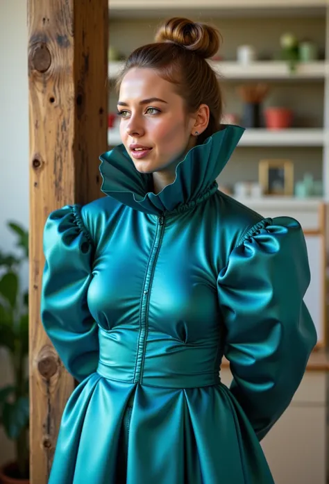 (realistic photograph close up sideways cheerful), (a pleased beautiful European orgasm looking lady with (messy hair bun), she is wearing (an elaborate extensive shiny cyan silk dress with (long gigantic puff sleeves), (and an ultra high narrow stand-up c...