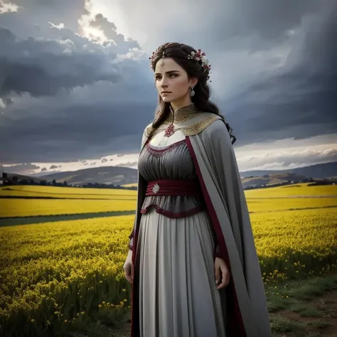  masterpiece ,  best quality , Persephone, flower hair,  Greek clothes ,  mature woman, standing, field, gray sky,  winter, neve, sad, THOUGHTFUL 