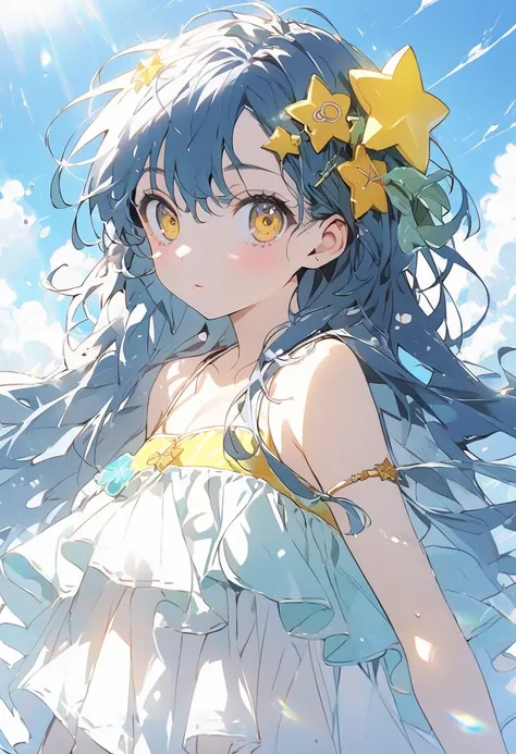 Girl with long dark turquoise hair, yellow eyes, yellow star pin in her head in summer, full body